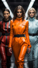 Beautiful women in futuristic costume in the space background. Top models catwalk. AI Generative