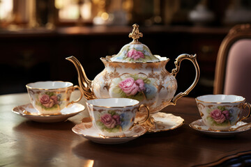 A Victorian-era tea set with delicate china cups and saucers. Concept of afternoon tea traditions. Generative Ai.
