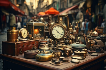 An antique market bustling with shoppers seeking rare finds. Concept of vintage treasures. Generative Ai. - obrazy, fototapety, plakaty