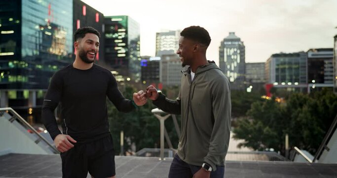 Fitness, running and friends fist bump, celebrate and happy for marathon training, cardio achievement or exercise. Workout partner, urban city and athlete team smile for challenge success in New York