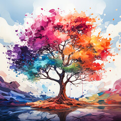 Obraz na płótnie Canvas Dynamic Watercolor Tree Playful splashes on multicolored canvas