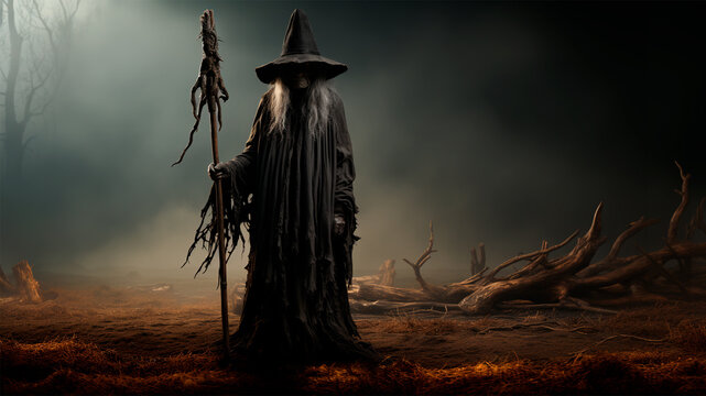 Halloween sinister enchantress. An witch in a forest at night. Generative AI