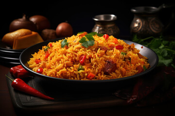 A plate of jollof rice, a West African one-pot rice dish cooked with tomatoes, peppers, and spices. Concept of West African comfort food. Generative Ai.