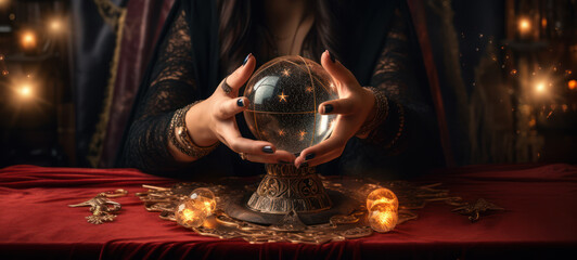 Fortune teller hands on crystal ball with elaborate fabrics and cinematic lights 