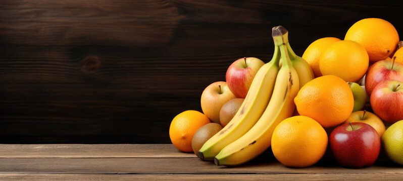 Orange and yellow fresh fruits grouped to one side of banner with copy space 
