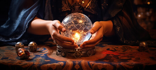 Fortune teller hands on crystal ball with elaborate fabrics and cinematic lights 