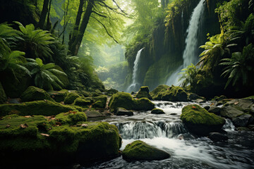 A roaring waterfall hidden within a lush forest, a natural wonder that instills awe and wonder....