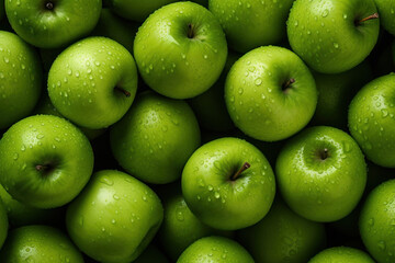 Background of green apples, fresh organic fruits from the farm