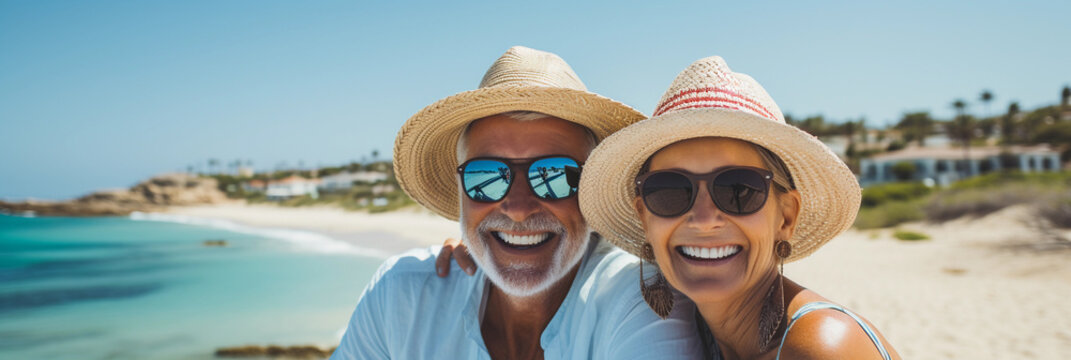 Joyful happy senior american couple sitting together in beach wearing hat and sunglasses - Powered by Adobe