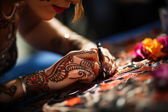An intricate henna tattoo being applied during a traditional Indian wedding, symbolizing blessings and love. Generative Ai.
