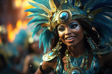 The lively energy of a Brazilian carnival parade, with samba dancers and elaborate floats. Generative Ai.