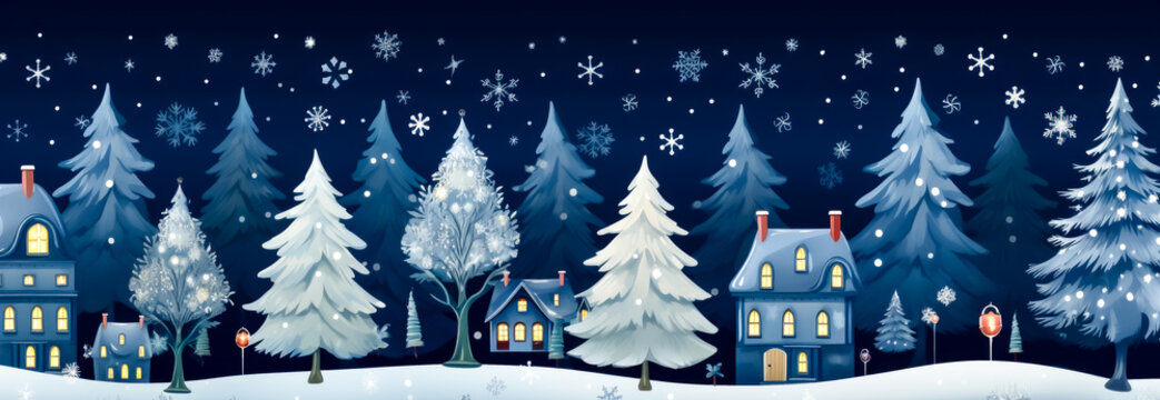 Winter landscape with houses and snowflakes. Christmas banner