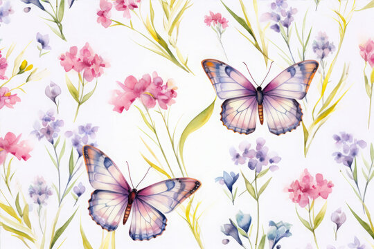Vintage Butterfly and Flowers. Watercolor Botanical background