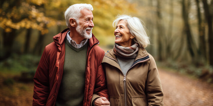Smiling senior citizen couple walking in fall weather in the woods