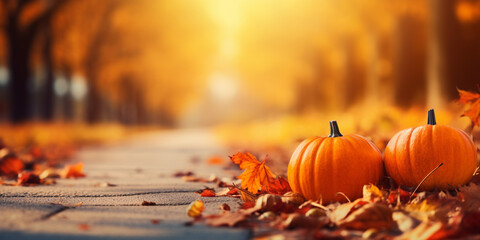 Naklejka na ściany i meble Autumn Halloween Pumpkins. Orange Pumpkin with Yellow Falling Leaves. Bright Natural Sun Light. Zen Yellow and Blue Background.