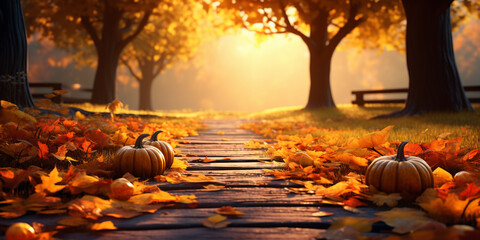Autumn Halloween Pumpkins. Orange Pumpkin with Yellow Falling Leaves. Bright Natural Sun Light. Zen Yellow and Blue Background.