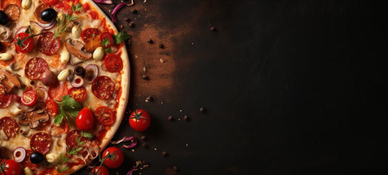 Flat lay of wood fired pizza with fresh ingredients to one side of banner with copy space