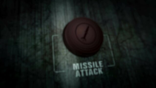 Missile Attack symbol light flashing on metal panel macro view. Alarm and warning lamp sign on industrial dashboard loop. Abstract icon technology concept.