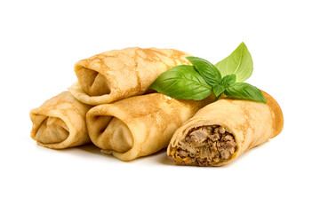Savory pancake rolls stuffed with ground meat, isolated on white background. High resolution image.