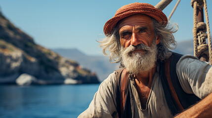 Greek fisherman in his traditional hat and vest, on his boat with the blue Sea in the background - obrazy, fototapety, plakaty