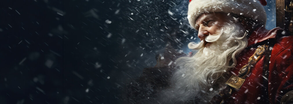 Dramatic Santa Claus standing in snow fall banner with copy space 