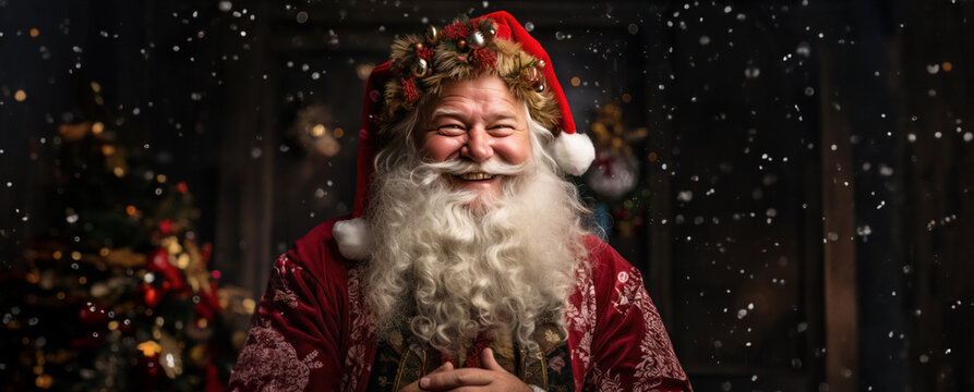 Santa Claus standing in front of a Christmas setting banner with copy space 