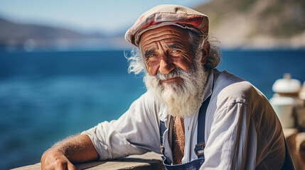 Old senior greek fisherman wearing traditional outfit and standing against sea portrait