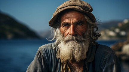 Old senior greek fisherman wearing traditional outfit and standing against sea portrait