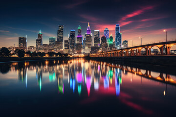 A city skyline illuminated with colorful lights in honor of Mental Health Awareness Month. Concept of urban awareness campaigns. Generative Ai.