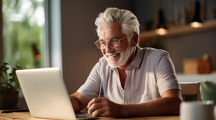 Elderly senior man using laptop in kitchen for online ordering