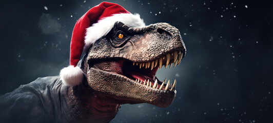 Obraz premium T-rex wearing a Santa hat with dark snowy background banner with copy space 