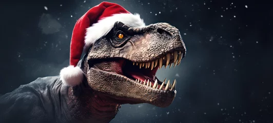 Foto op Plexiglas T-rex wearing a Santa hat with dark snowy background banner with copy space  © Lynne Ann Mitchell