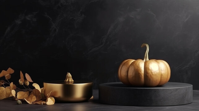 Thanksgiving Pumpkin Table Mockup Backdrop with Marble Black and Gold Counter Top Background. Pumpkins for Product Display. Luxurious Posh Autumn Winter Halloween Background Abstract 3D