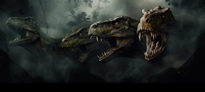 T-rex heads coming out of fog banner with copy space 
