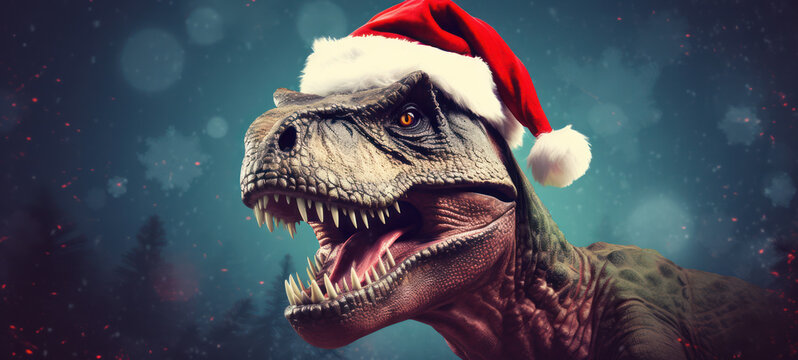 T-rex wearing a Santa hat with dark snowy background banner with copy space 