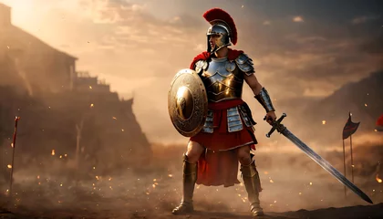 Poster Roman male legionary (legionaries) wear helmet with crest, gladius sword and a scutum shield, heavy infantryman, realistic soldier of the army of the Roman Empire, on Rome background. Generative ai © Maxim Chuev