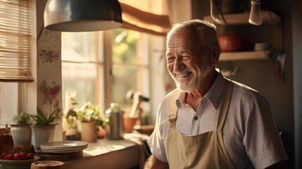 Fototapeta premium Old senior man wearing apron and standing in kitchen