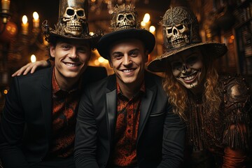 The essence of Halloween captured in the creativity and camaraderie of friends in costumes and masks