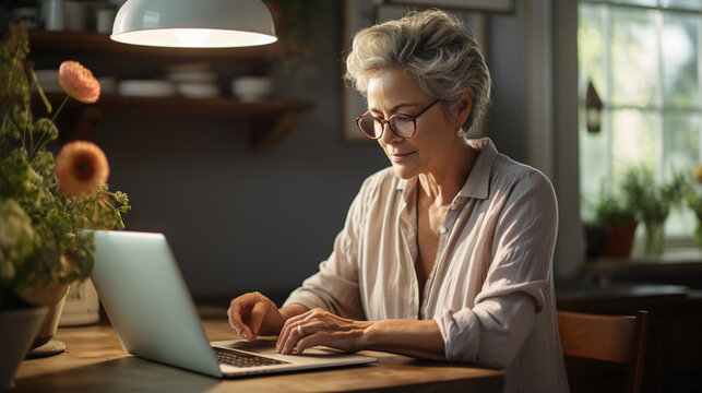 Elderly senior man using laptop in kitchen for online ordering and checking emails