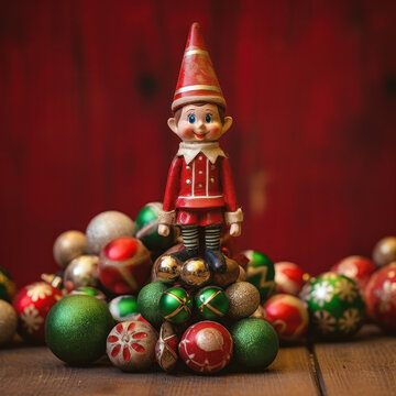 Cute colorful wooden toy elf standing with Christmas ornaments banner with copy space 