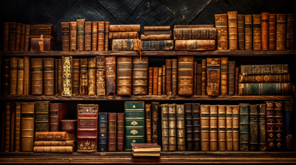 Old bookshelf with old books in a library. Toned.