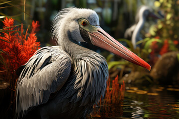 A majestic shoebill stork, with its massive bill, wading through the wetlands of central tropical Africa. Generative Ai.