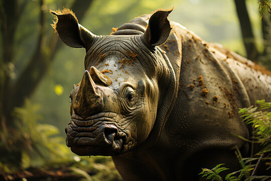 The critically endangered Javan rhinoceros, one of the rarest large mammals on Earth, grazing in a lush forest. Generative Ai.