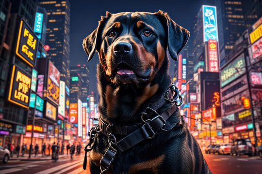 A majestic Rottweiler dog stands still amidst the vibrant neon lights and dynamic movement of a bustling city night. Generative AI.