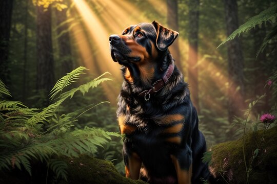 A Rottweiler dog with a noble expression standing amidst a vibrant forest, sunlight highlighting its black and tan coat. Generative AI.