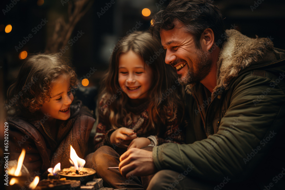 Canvas Prints A family gathered around a crackling fireplace, sipping hot cocoa and sharing stories. Concept of holiday togetherness. Generative Ai.