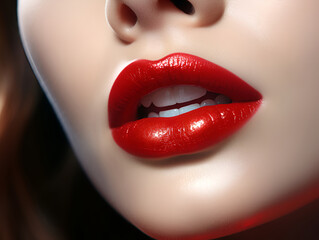 Fototapeta premium Close up view of beautiful woman lips with red lipstick. Fashion make up. Cosmetology or fashion makeup concept. Generative AI