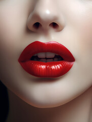 Close up view of beautiful woman lips with red lipstick. Fashion make up. Cosmetology  or fashion makeup concept. Generative AI - obrazy, fototapety, plakaty