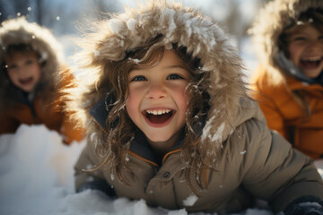 Fototapeta na wymiar Children joyfully making snow angels in freshly fallen snow on Christmas morning. Generative Ai.