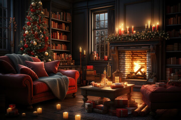 A cozy living room adorned with twinkling lights and a beautifully decorated Christmas tree. Concept of holiday warmth and traditions. Generative Ai. - obrazy, fototapety, plakaty